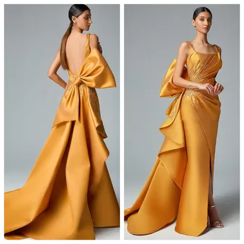 2023 Elegantiškas Geltoną Satino Prom Dresses Aikštėje Apykaklės Klostes Backless Didelis Lankas Zawalcowany Grindų Ilgis, Vakaro Suknelės, Šaliai Nuotrauka