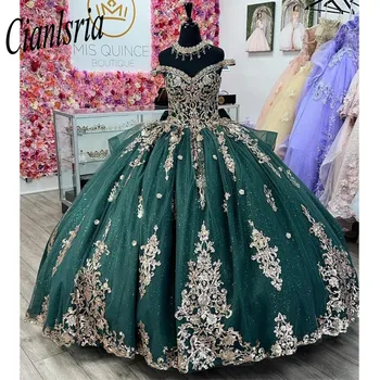 Žalia Quinceanera Suknelės Kamuolys Suknelė Off Peties Reljefiniai Saldus 16 Suknelė 3D Rožių Žiedų Įžymybė Šalis, Chalatai Baigimo Nuotrauka