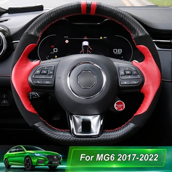 Non-slip Durabl Raudoni Odiniai Juodos spalvos Anglies Pluošto Black Suede Automobilio Vairo Padengti Wrap MG MG6 2017-2022 MG5 2021 Nuotrauka